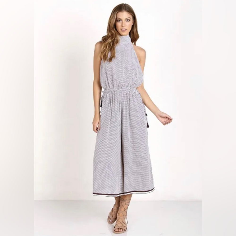Anthropologie High-Neck Sleeveless Wide-Leg Jumpsuit in Light Gray and White